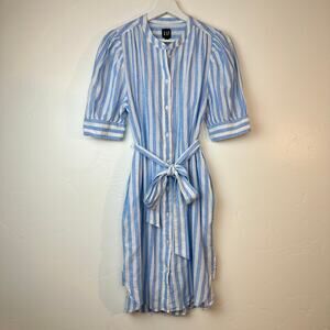 GAP Puff Sleeve Linen Cotton Shirt Dress M Blue White Striped Belted Button tall